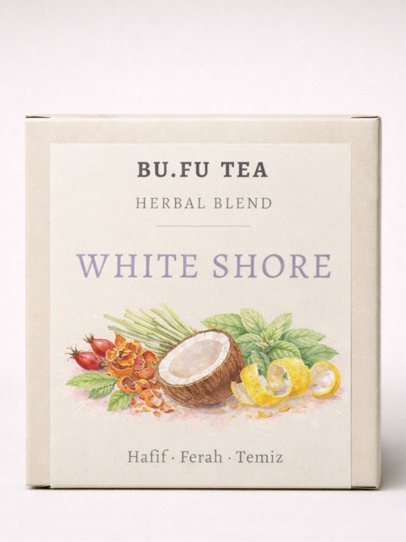 Bufu Tea White Shore doğal bitki çayı ürün kutusu